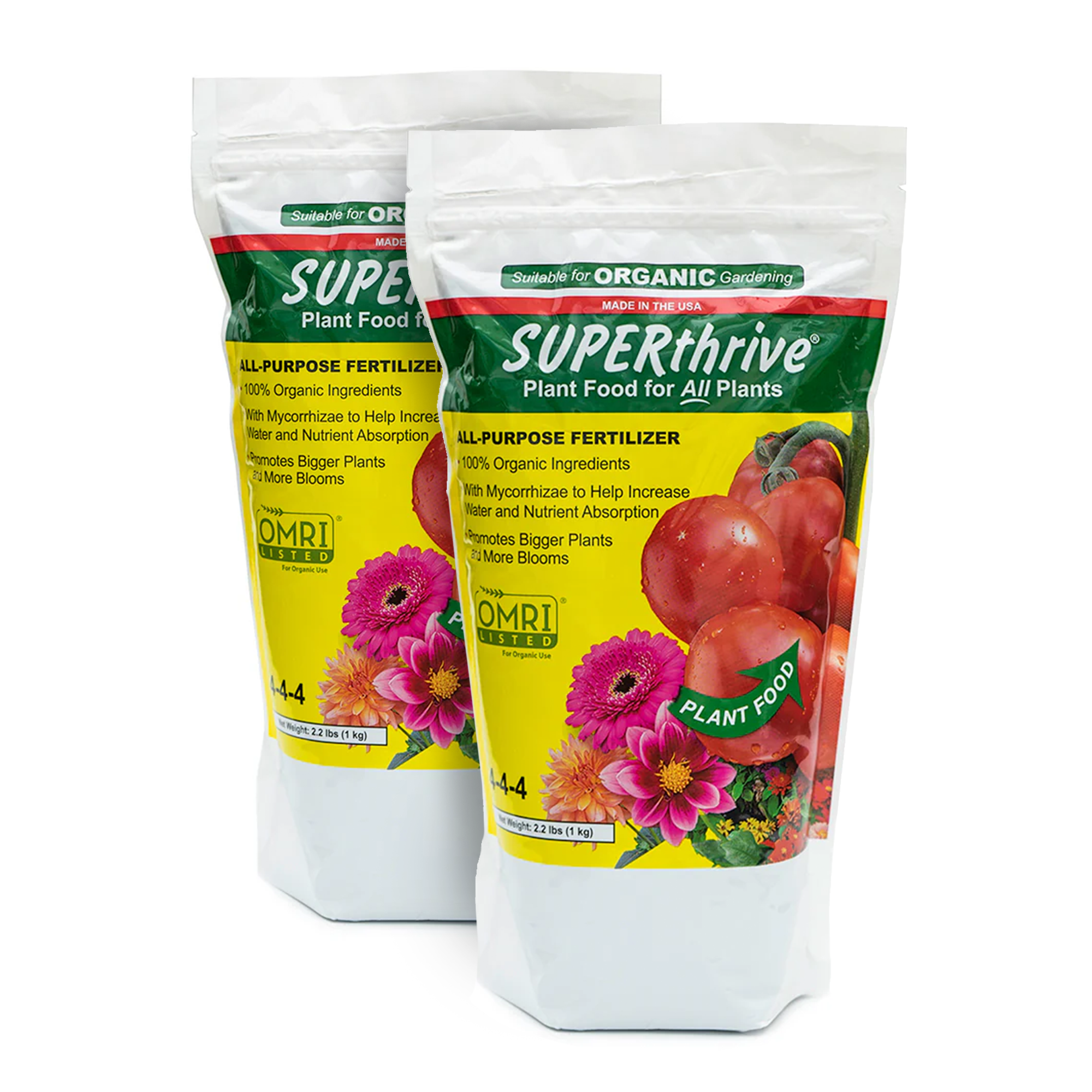 Two packages of SUPERthrive Organic 4-4-4 All-Purpose Fertilizer, with branding and plant imagery on the labels.